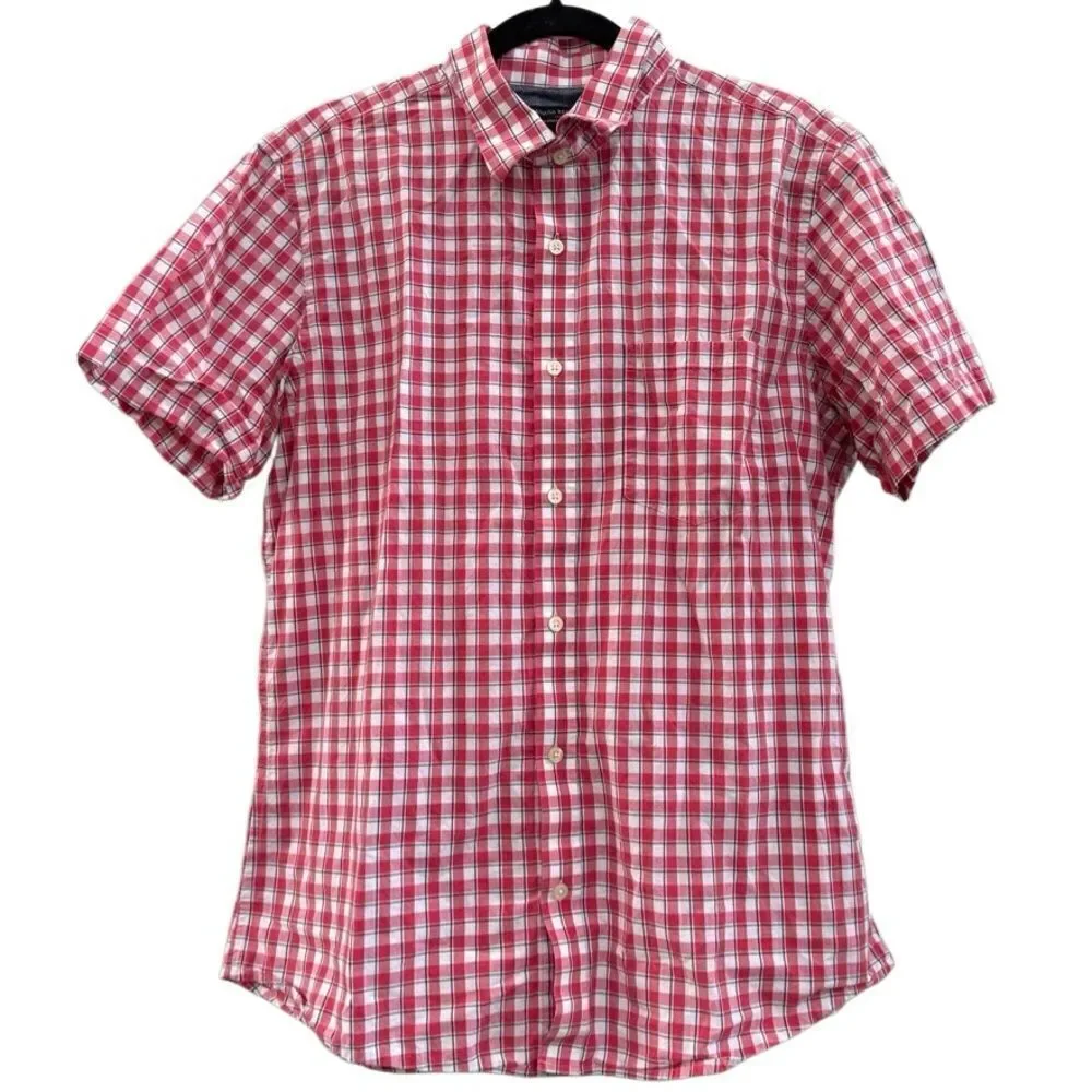 Banana Republic Men's Red White & Blue Plaid Short Sleeve Button Up Shirt Large